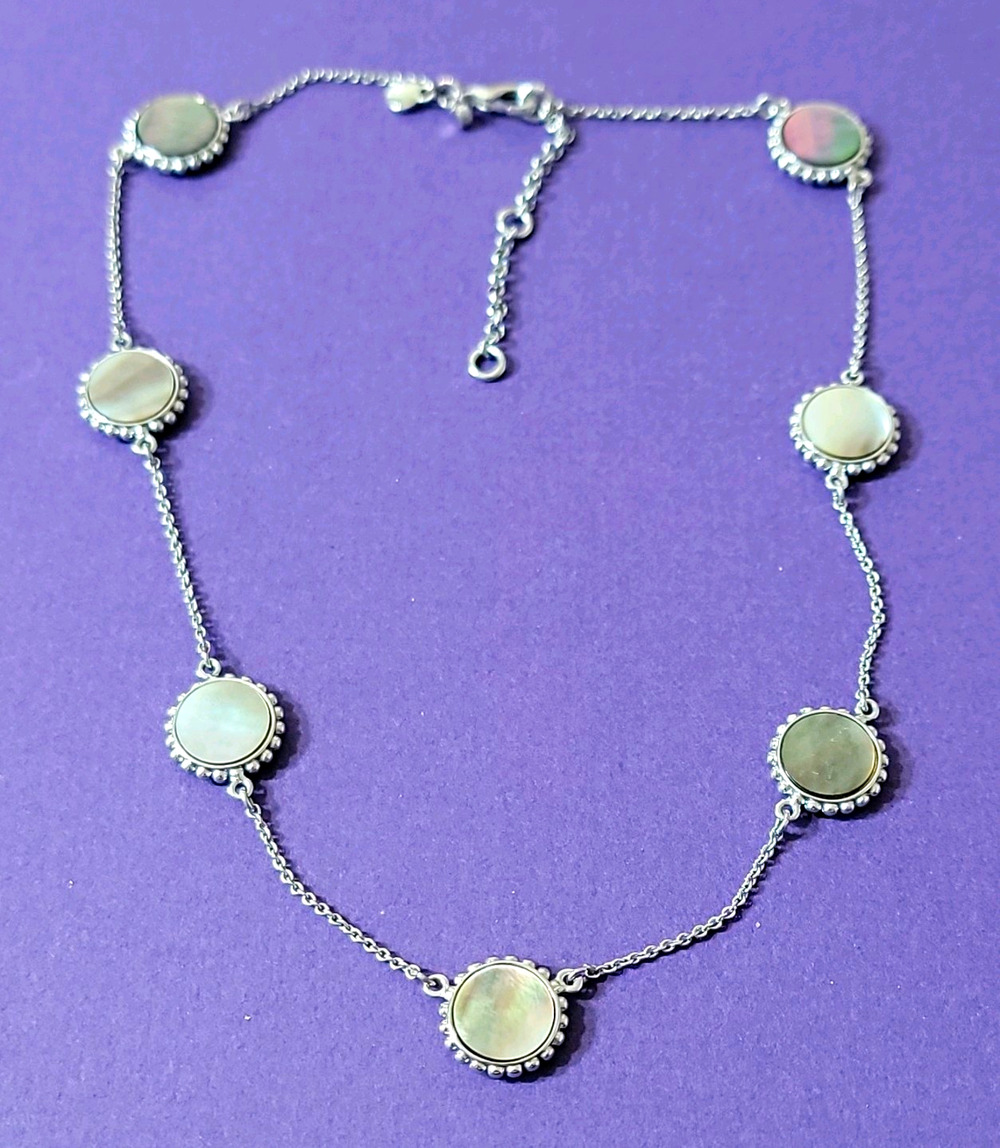 Ann Taylor Silver Tone Mother of Pearl Station Necklace Round Disc Lobster